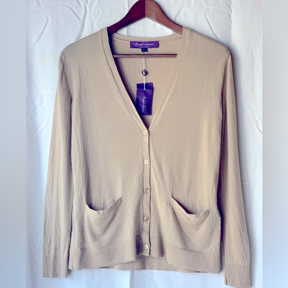 RALPH LAUREN Purple Label Made in Italy 100% Cashmere V neck Cardigan Size Small